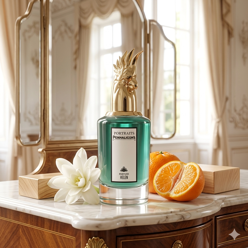 Frasco de Penhaligon's Heartless Helen con tapón de cacatúa sobre tocador de madera con nardos y mandarina, estilo Casa Flores.