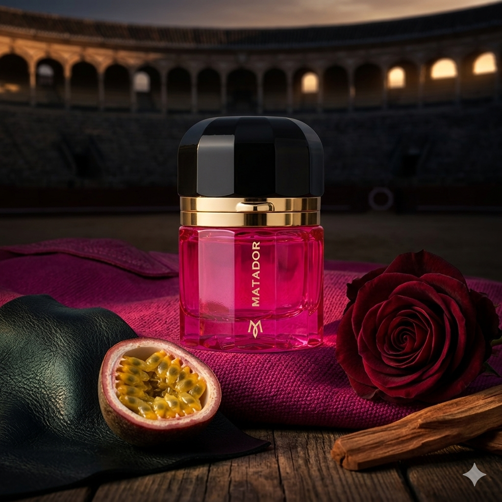 Frasco de Ramon Monegal Matador sobre cuero y arena con maracuyá, rosa y sándalo, estilo Casa Flores.