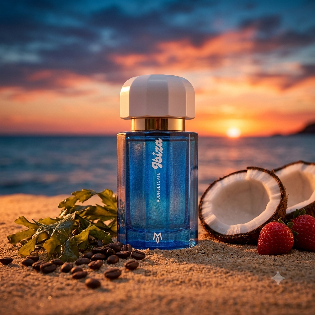 Frasco tintero de Ramon Monegal #sunsetcafe sobre arena dorada con granos de café, algas marinas, coco fresco y fresas bajo la luz del atardecer, estilo Casa Flores.
