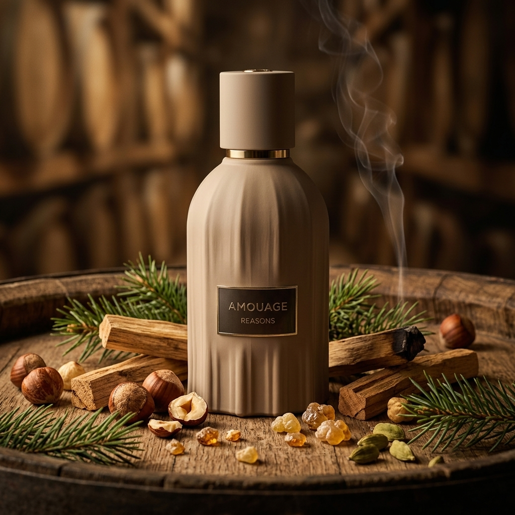 Frasco color arena mate de Amouage Reasons sobre madera de roble con avellana, palo santo humeante, sándalo y especias, estilo Casa Flores.
