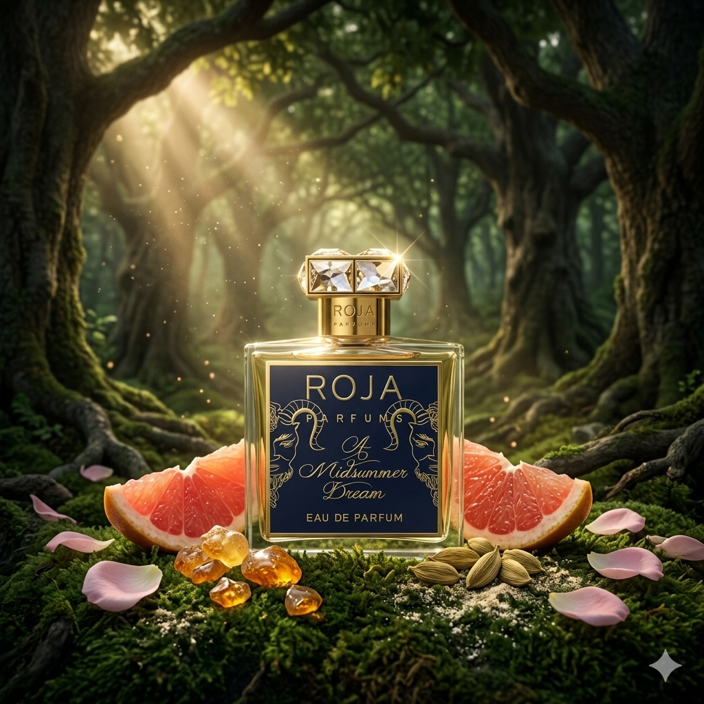 Frasco de Roja Parfums A Midsummer Dream sobre un bosque encantado de musgo con pomelo y especias, estilo Casa Flores.