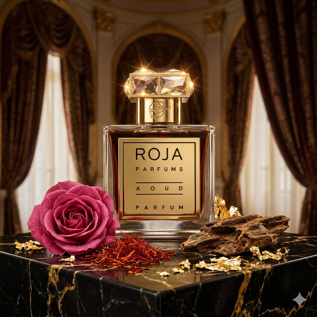 Frasco de Roja Parfums Aoud con cristales de Swarovski sobre seda, estilo Casa Flores.