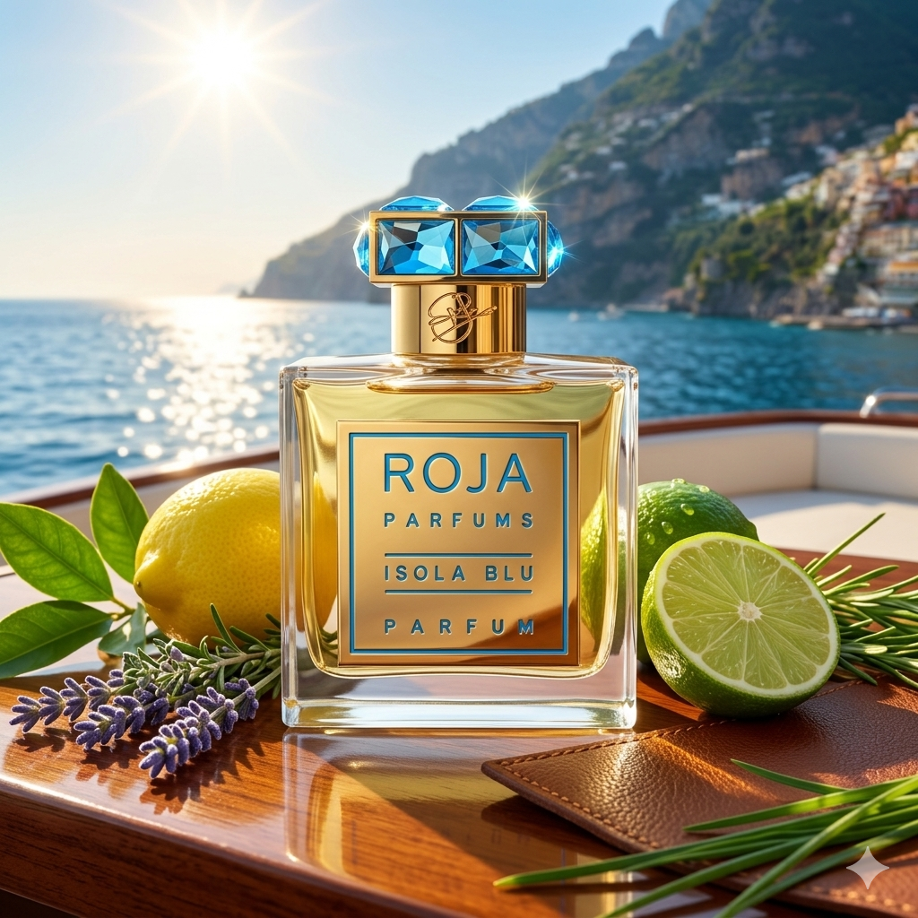 Frasco de Roja Parfums Isola Blu rodeado de cítricos, hierbas mediterráneas y cuero fino, estilo Casa Flores.