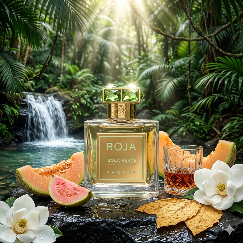 Frasco de Roja Parfums Isola Verde rodeado de frutas tropicales, ron y hojas verdes, estilo Casa Flores.