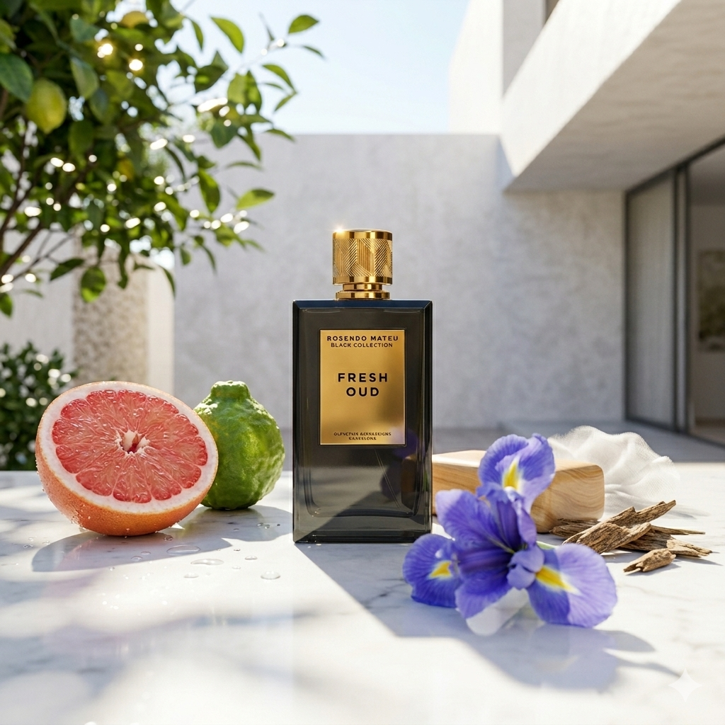 Frasco de Rosendo Mateu Fresh Oud sobre mármol claro bajo el sol mediterráneo con bergamota, pomelo y madera de agar limpia, estilo Casa Flores.