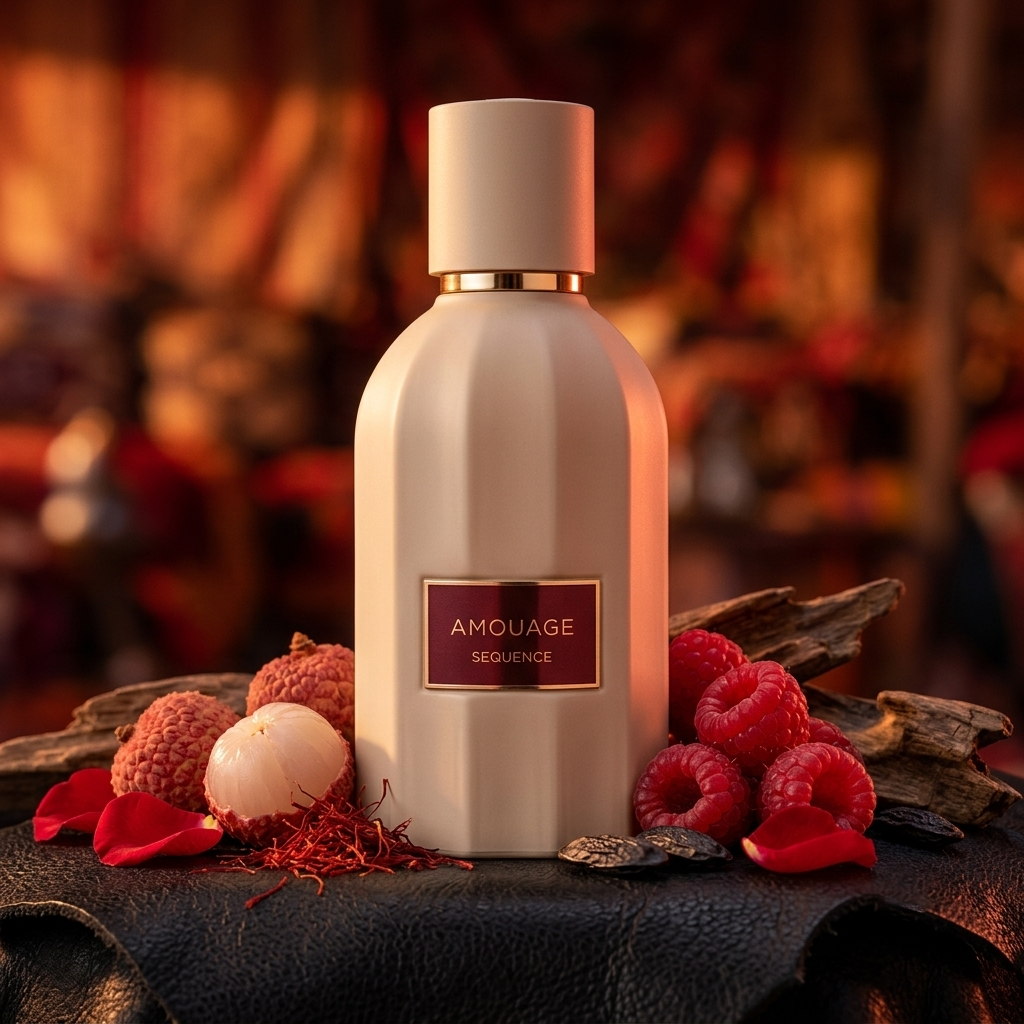 Frasco estriado color crema con placa borgoña de Amouage Sequence sobre cuero oscuro con frambuesas y lichi, estilo Casa Flores