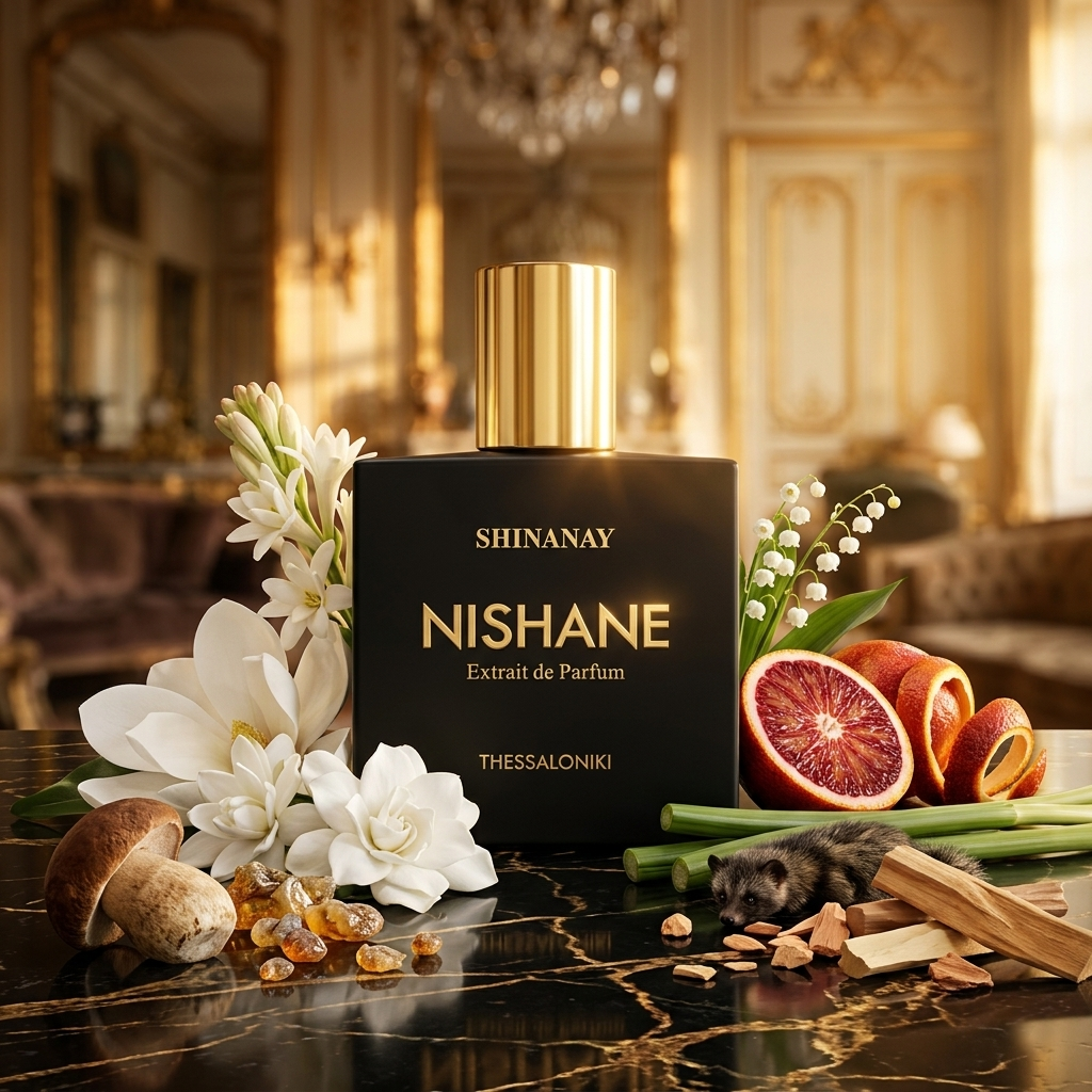 Frasco negro mate con tapón dorado de Nishane Shinanay Thessaloniki sobre mármol negro con nardos, boletus, resinas y naranja sanguina, estilo Casa Flores.