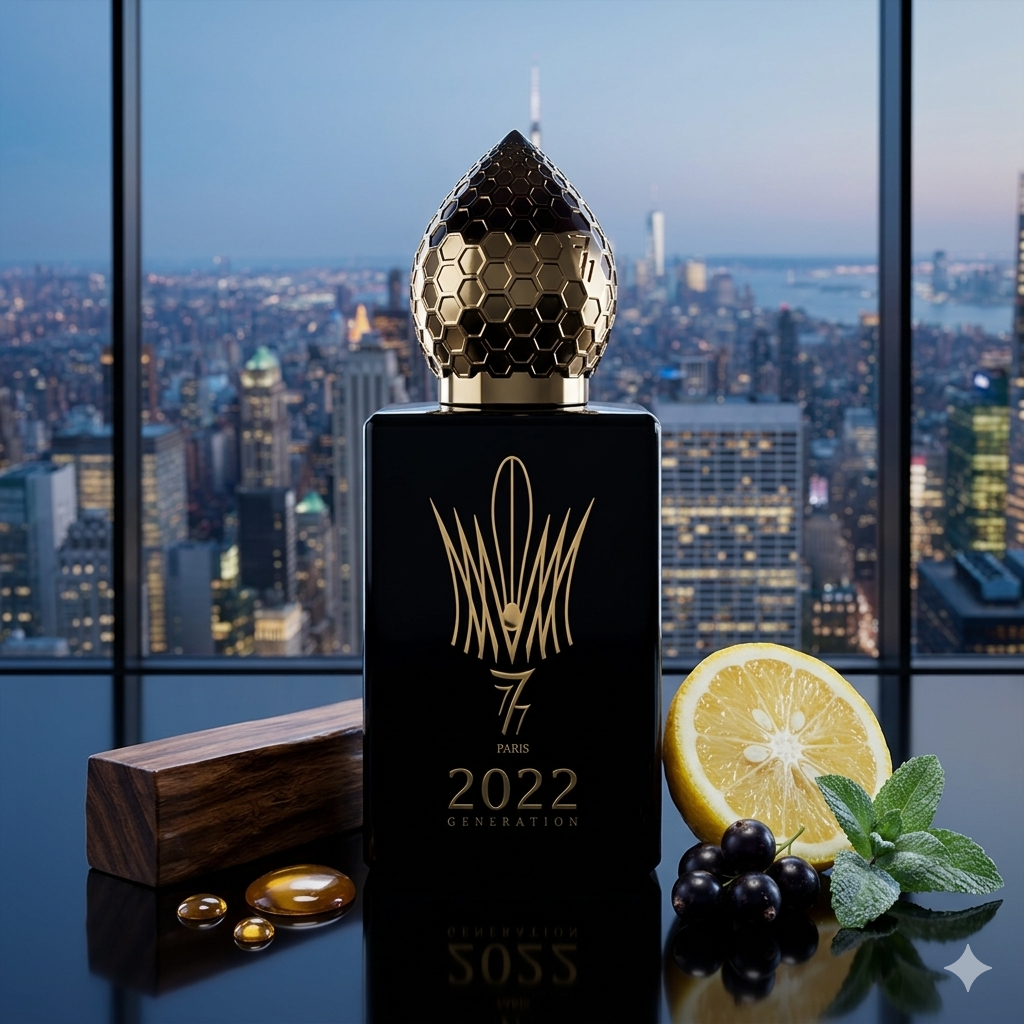 Frasco negro de Stephane Humbert Lucas 2022 Generation Homme sobre cristal oscuro con yuzu, grosellas negras, menta y madera de oud.