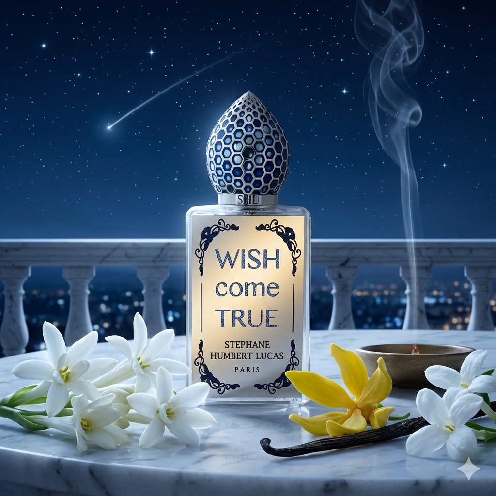 Frasco de Stéphane Humbert Lucas Wish Come True bajo un cielo estrellado con nardo, incienso y vainilla, estilo Casa Flores.
