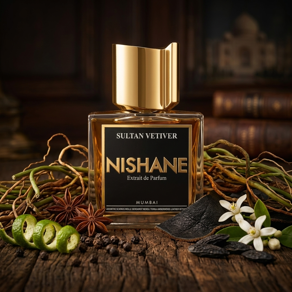 Frasco de Nishane Sultan Vetiver con etiqueta negra y tapón dorado sobre madera con vetiver, anís y cuero, estilo Casa Flores.