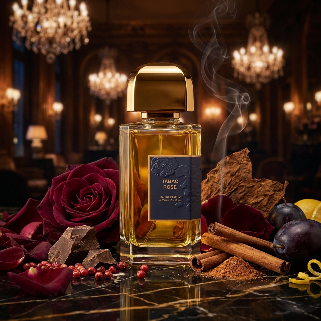 Frasco BDK Parfums Tabac Rose con etiqueta azul y oro sobre madera oscura con rosas turcas y hojas de tabaco, estilo Casa Flores.