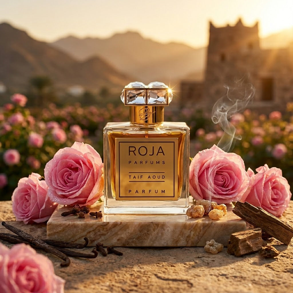 Frasco cuadrado de Roja Parfums Taif Aoud con tapón dorado Swarovski sobre mármol y piedra de Taif con rosas, incienso, oud y clavo, estilo Casa Flores.