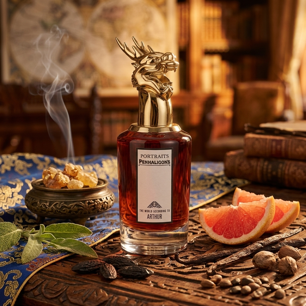 Frasco de Penhaligon's The World According to Arthur con tapón de dragón dorado sobre madera exótica con incienso humeante, vainilla, toronja y haba tonka, estilo Casa Flores sin bordes.