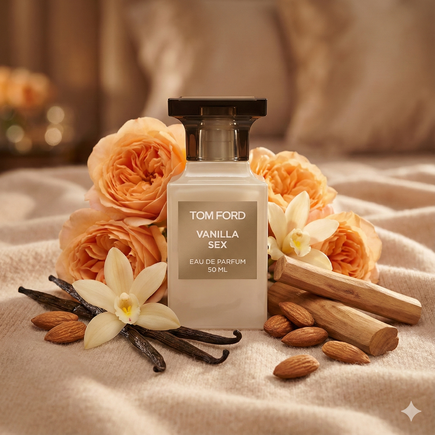 Frasco color crema y caramelo del perfume Tom Ford Vanilla Sex Private Blend.