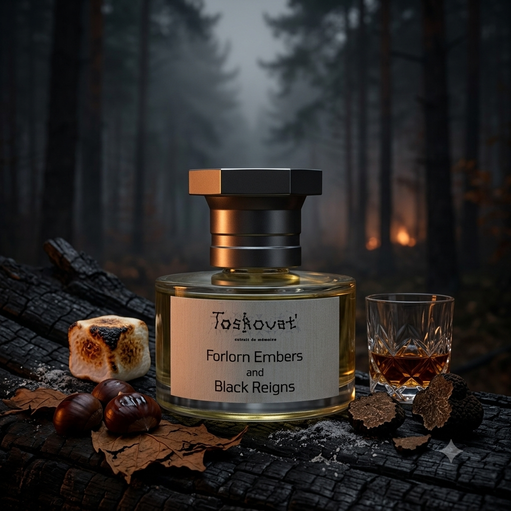 Frasco de Toskovat Forlorn Embers & Black Reigns sobre madera quemada con marshmallow tostado, tabaco, ceniza y un vaso de whisky bourbon, estilo Casa Flores.