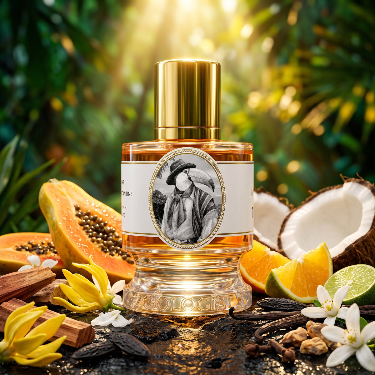 Frasco transparente con líquido ámbar dorado y etiqueta ilustrada de un tucán con sombrero de Toucan de Zoologist Perfumes, rodeado de papaya, coco, ylang-ylang y vainilla, estilo Casa Flores.