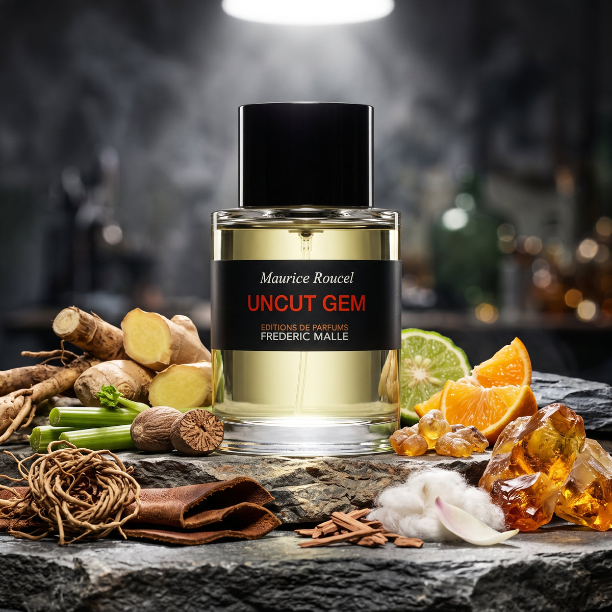 Frasco cilíndrico de Uncut Gem de Frederic Malle con líquido amarillo claro y etiqueta negra con texto rojo, rodeado de jengibre, vetiver y ámbar, estilo Casa Flores.