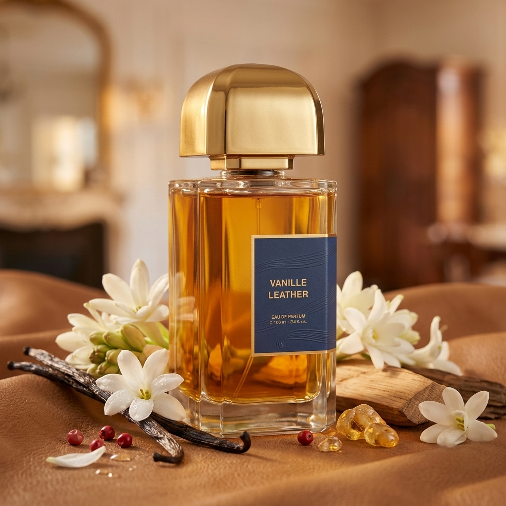 Frasco transparente con etiqueta azul oscuro y oro de BDK Parfums Vanille Leather sobre cuero suave con vainilla y nardos blancos, estilo Casa Flores.