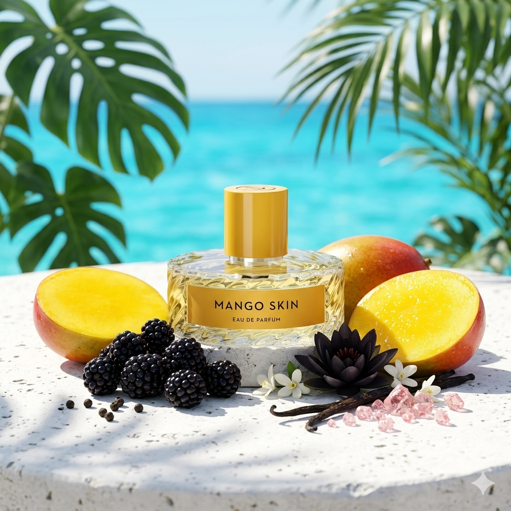 Frasco amarillo de Vilhelm Parfumerie Mango Skin bajo el sol con mango fresco, zarzamoras, vainilla y flores de loto, estilo Casa Flores.