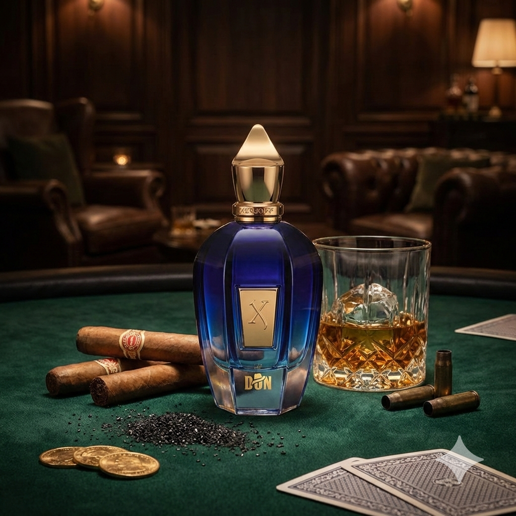 Frasco azul del perfume Xerjoff Don rodeado de puros cubanos, whisky y pólvora en un bar clandestino.