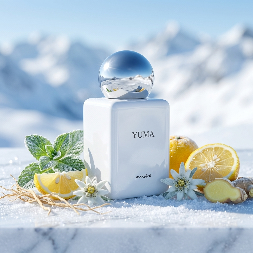 Frasco blanco inmaculado de Pernoire Yuma con tapón plateado sobre nieve con hojas de menta, yuzu, edelweiss y vetiver, estilo Casa Flores.