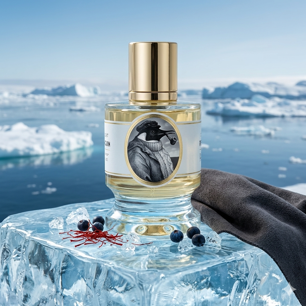 Frasco de Zoologist Penguin sobre hielo antártico con azafrán, bayas de enebro y gamuza suave, estilo Casa Flores.