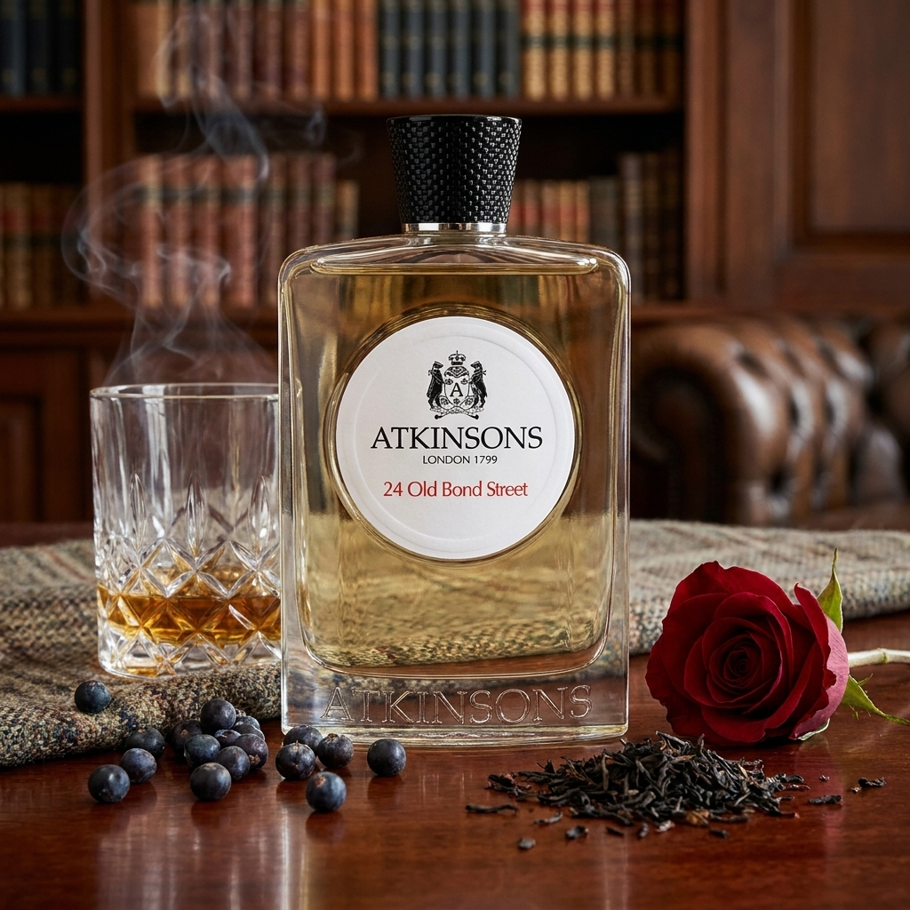 Frasco transparente de Atkinsons 24 Old Bond Street con tapón negro sobre madera con enebro, whisky, té negro y rosa, estilo Casa Flores.