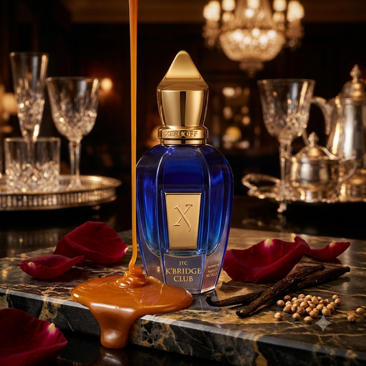 Frasco azul oscuro de Xerjoff K'Bridge Club sobre mármol negro con rosas rojas, caramelo fundido y vainilla Bourbon, estilo Casa Flores.