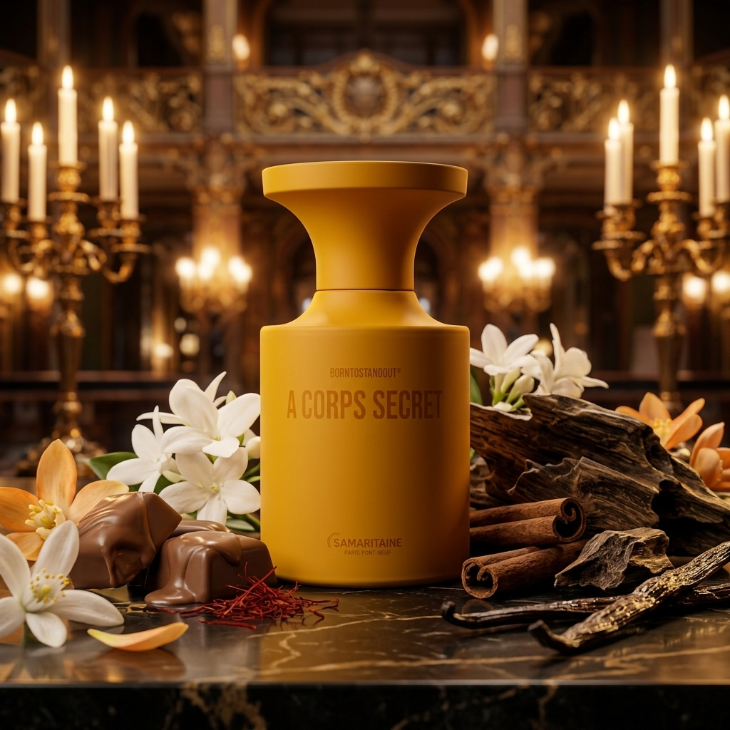 Frasco amarillo mate escultural de BORNTOSTANDOUT A Corps Secret sobre mármol oscuro con azafrán, flor de azahar, praliné y oud, estilo Casa Flores.