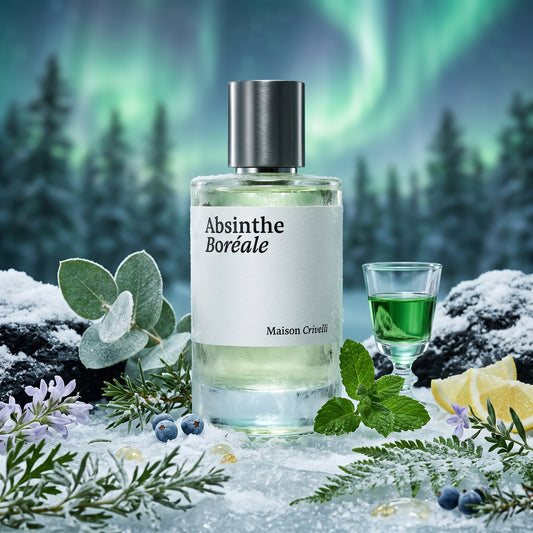 Frasco minimalista de Absinthe Boréale de Maison Crivelli con tapón de metal sobre hielo oscuro con hojas de menta, eucalipto y absenta, estilo Casa Flores.