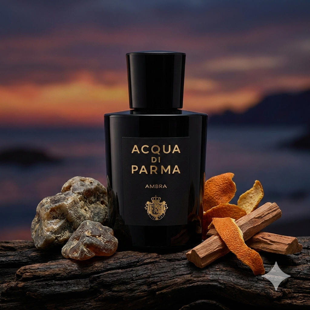 Frasco negro opaco de Acqua di Parma Ambra rodeado de trozos de ámbar gris, maderas flotantes y cáscaras de cítricos secas en una luz cálida y misteriosa.