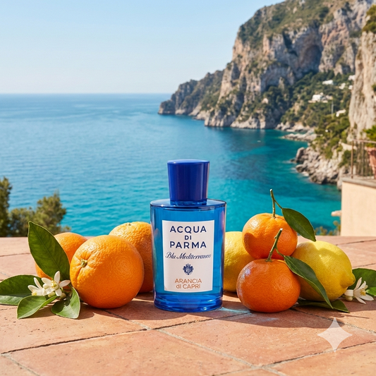 Frasco azul del perfume Acqua di Parma Arancia di Capri rodeado de naranjas, mandarinas y limones frescos en una terraza soleada con vista al mar.
