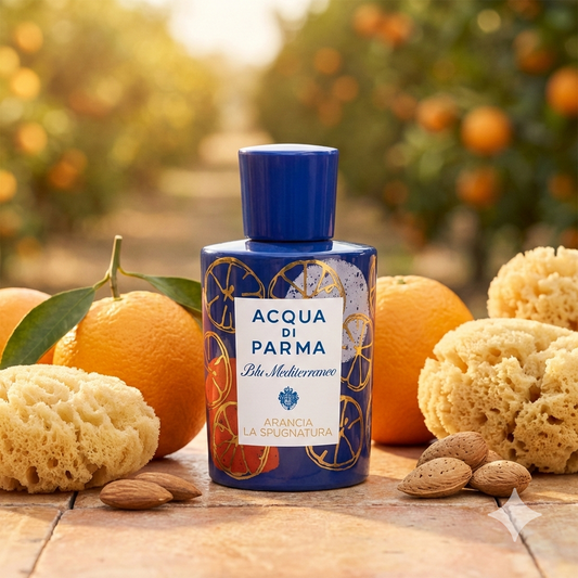 Frasco de porcelana azul con detalles dorados de Acqua di Parma Arancia La Spugnatura rodeado de naranjas frescas, esponjas marinas y almendras.
