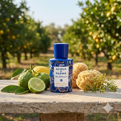 Frasco de porcelana azul con detalles blancos y dorados de Acqua di Parma Bergamotto La Spugnatura rodeado de bergamotas, esponjas marinas y hojas verdes.