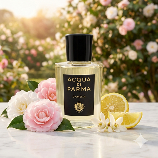 Frasco negro opaco de Acqua di Parma Camelia rodeado de delicadas flores de camelia, magnolia y cítricos frescos bajo una luz suave y elegante.