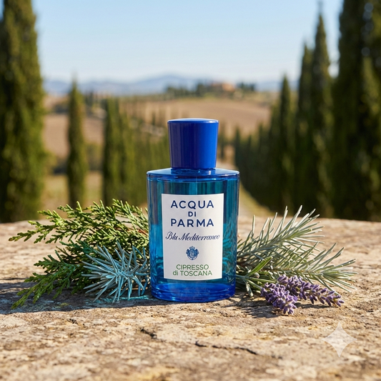 Frasco azul del perfume Acqua di Parma Cipresso di Toscana rodeado de ramas de ciprés, pino y lavanda en un paisaje de la Toscana italiana.