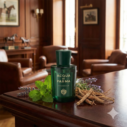 Frasco verde oscuro del perfume Acqua di Parma Colonia Club rodeado de hojas de menta, lavanda y vetiver en un elegante club deportivo italiano.