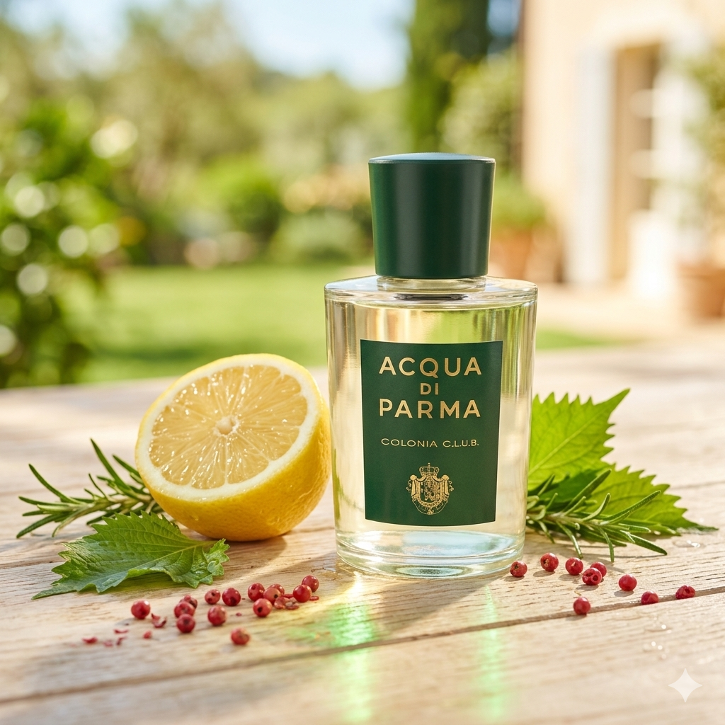 Frasco transparente con etiqueta verde de Acqua di Parma Colonia C.L.U.B al sol con limón, hojas de shiso y romero fresco, estilo Casa Flores.
