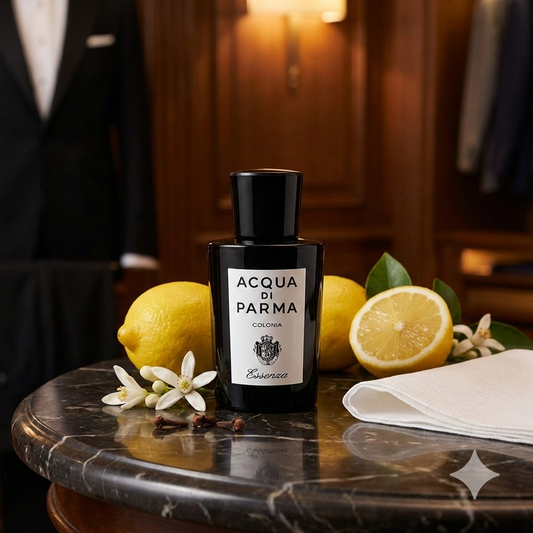 Frasco negro opaco del perfume Acqua di Parma Colonia Essenza rodeado de limones, flores de neroli y clavo en un entorno elegante de sastrería italiana.