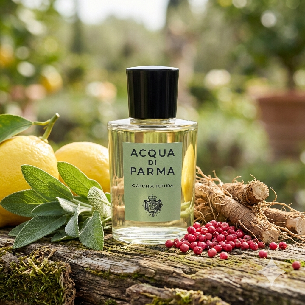 Frasco clásico con etiqueta verde salvia de Acqua di Parma Colonia Futura rodeado de limones frescos, hojas de salvia, pimienta rosa y raíces de vetiver en un bosque soleado.