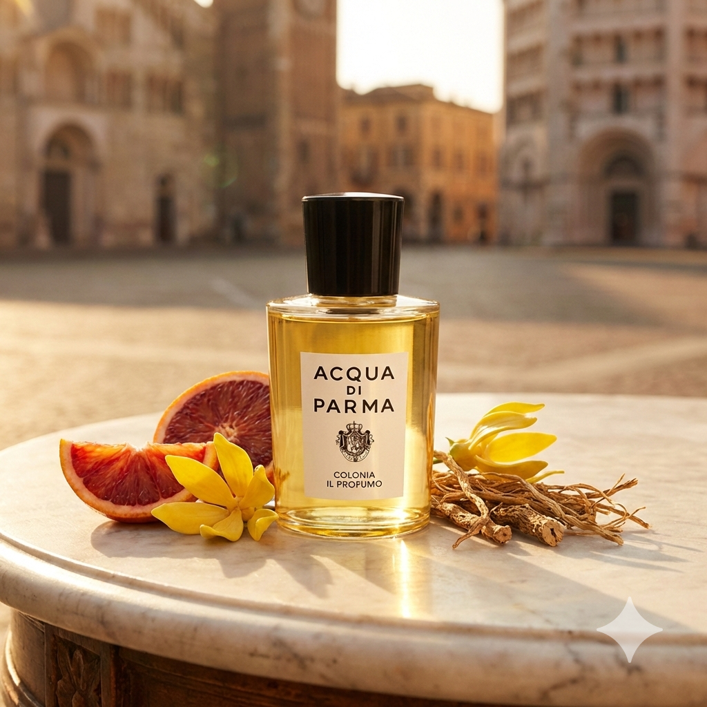 Frasco clásico con base dorada de Acqua di Parma Colonia Il Profumo rodeado de naranja sanguina, flores de ylang-ylang y vetiver en un ambiente bañado por la luz del sol italiano.