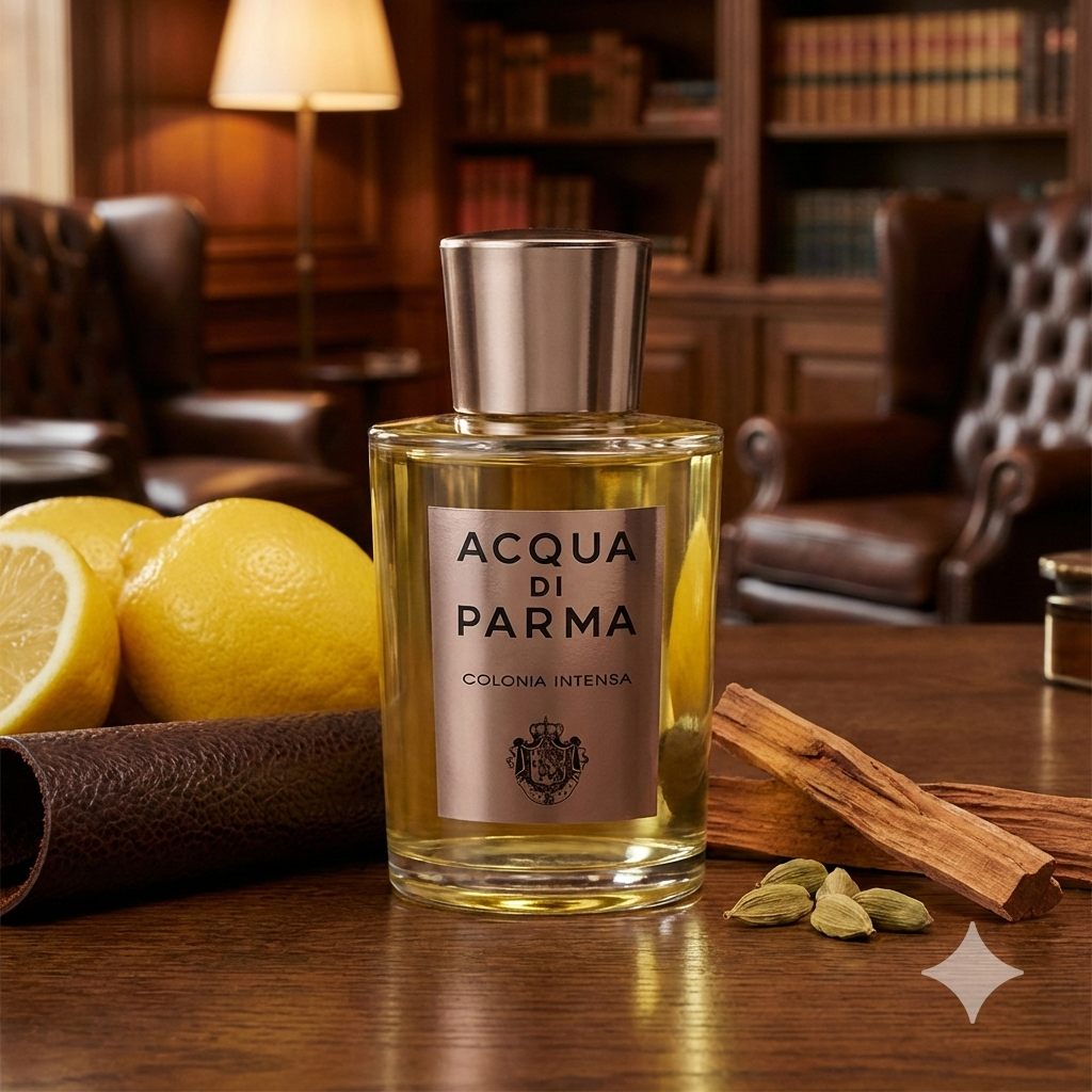 Frasco clásico con etiqueta bronce de Acqua di Parma Colonia Intensa rodeado de cuero oscuro, cardamomo y maderas en un elegante escritorio ejecutivo.