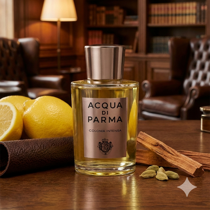 Frasco clásico con etiqueta bronce de Acqua di Parma Colonia Intensa rodeado de cuero oscuro, cardamomo y maderas en un elegante escritorio ejecutivo.