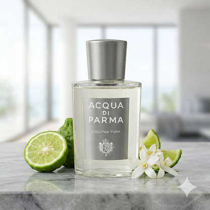 Frasco transparente con etiqueta plata mate de Acqua di Parma Colonia Pura rodeado de flores blancas, cítricos y una atmósfera luminosa.