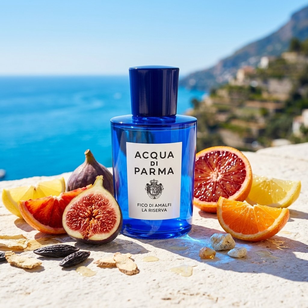 Frasco azul cobalto con etiqueta blanca de Acqua di Parma Fico di Amalfi La Riserva sobre piedra clara con higos frescos y naranja sanguina, estilo Casa Flores.