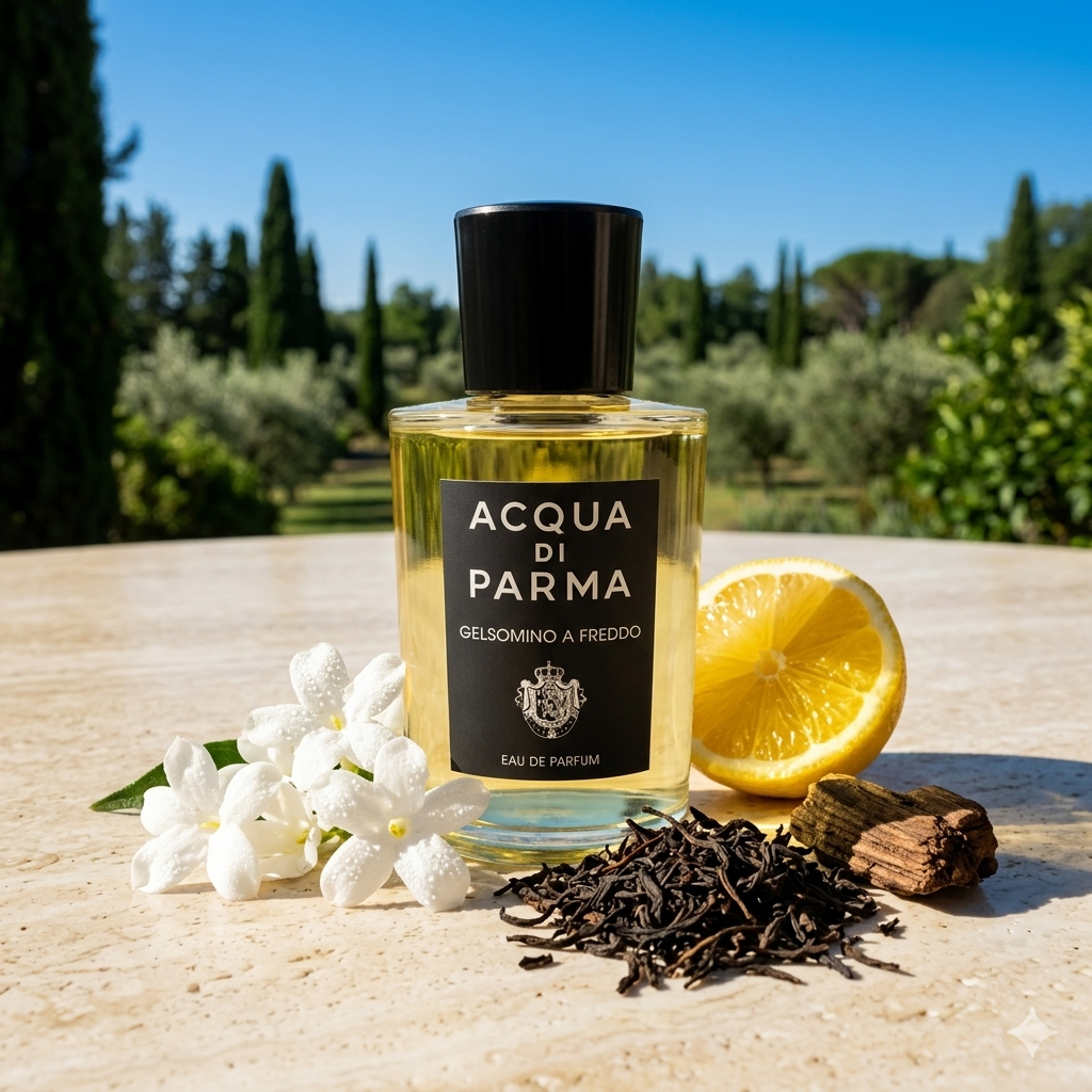 Frasco de Acqua di Parma Gelsomino A Freddo sobre mármol italiano con jazmín blanco, té negro y limón, estilo Casa Flores.