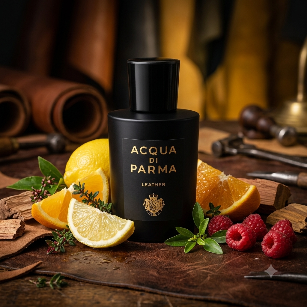 Frasco negro opaco con letras doradas de Acqua di Parma Leather sobre cuero oscuro con limón, frambuesa y cedro, estilo Casa Flores.