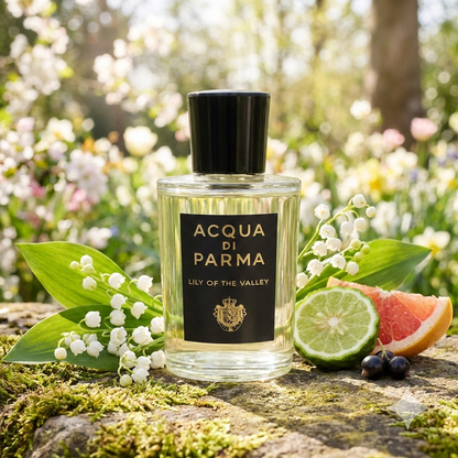 Frasco transparente del perfume Acqua di Parma Lily of the Valley con etiqueta negra y dorada, rodeado de flores de muguete.