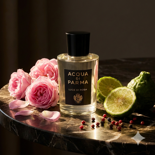 Frasco de la colección Signatures of the Sun de Acqua di Parma Luce di Rosa rodeado de rosas, cítricos y granos de pimienta bañado en una luz dorada y contrastante.