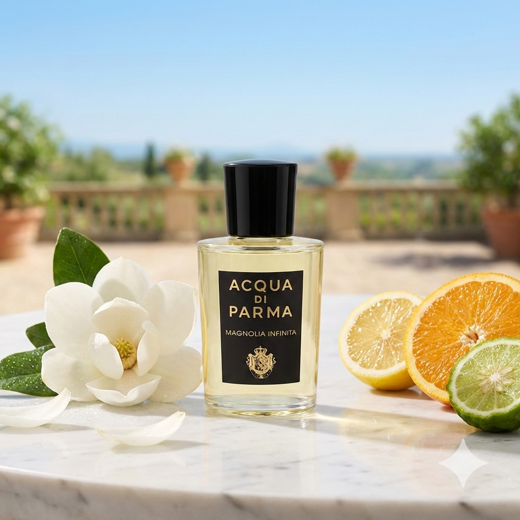 Frasco transparente de Acqua di Parma Magnolia Infinita con etiqueta negra, rodeado de flores blancas de magnolia y cítricos frescos en un entorno luminoso.